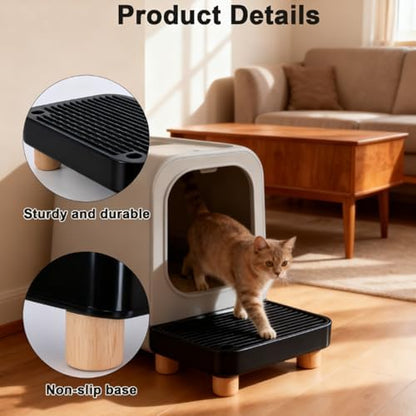 Litter Box Step, Litter Box Ramp/Catcher with Wooden Base，Pet Step Stool for Filter Function, Easy to Clean,Ideal for Kitten/Elderly Cats(Black) - Image 3