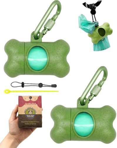 Dog Poop Pickup Bags Holder Dispenser with Standard-Sized Leak-Proof Scented Doggy Waste Bags and Carabiner with Safety Lock&Fastener Never Loose on Leash Lead Again (2 Holder 30 Bags, Green) by YUCHIYA