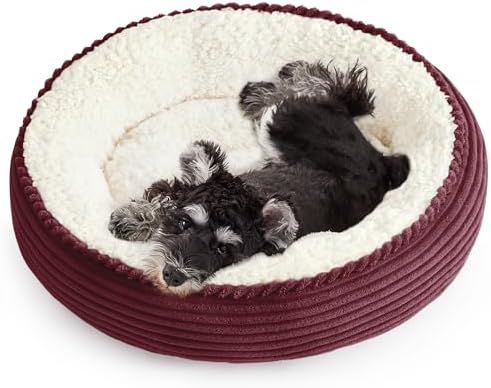 Love's cabin Round Donut Cat and Dog Cushion Bed, 24in Pet Bed for Small or Medium Dogs, Anti-Slip & Water-Resistant Bottom, Soft Durable Fabric Pet Beds, Washable Calming Cat Bed Burgundy Stripe by Lovescabin