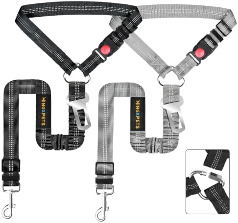 Dog Seat Belt, Durability Retractable Dog Car Harness Adjustable Dog Seat Belt for Vehicle Nylon Pet Safety Seat Belts Heavy Duty & Elastic, Black&Grey by MingXpets
