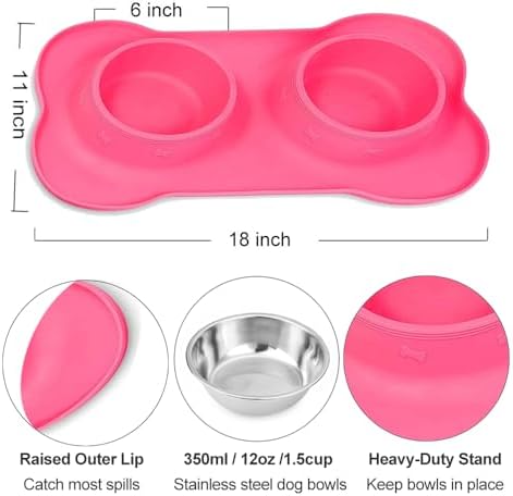 AsFrost Dog Food Bowls Stainless Steel Pet Bowls & Dog Water Bowls with No-Spill and Non-Skid, Feeder Bowls with Dog Bowl Mat for Dogs Cats and Pets-Pink, 24 0z in Total - Image 2