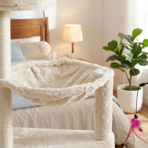 YUNIQUE Multi-Functional Cat Tree Tower, Big Cat Condo with Scratching Board, Rotating Toy & Deep Hammock, Luxury Perch Kitty Furniture for Indoor Cats (White) - Image 4