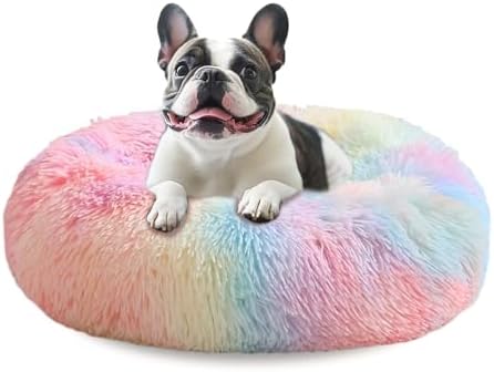 JOLLYVOGUE Calming Dog Beds Large Sized Dog, 36in Donut Washable Large Pet Bed, Anti-Slip & Anti-Anxiety Fluffy Faux Fur Round Dogs Bed, Fits up to 80 lbs Pets (Rainbow) by JOLLYVOGUE