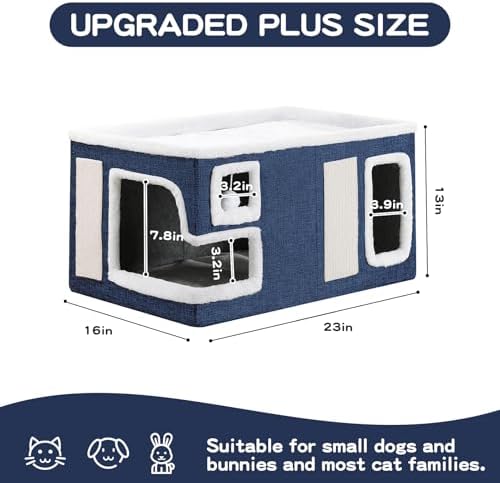 Large Cat Houses for Indoor Cats, Extra Wide Cat Cave Bed with Scratch Pad and Fluffy Ball, Foldable Cat Hideaway Condo for Large Cats, Modern Kitten Bed,23x16x13 inches (Blue, X-Large) - Image 4