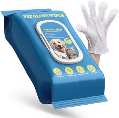 Pet Glove Wipes for Dogs & Cats with Coconut Scent, No Rinse Full Body Cleaning Large Gloves (9.84 x 9.05 inch), Gentle Grooming for Paws Face Ears Eyes Coat, Alcohol Free, 20 Pack by TREZUMA