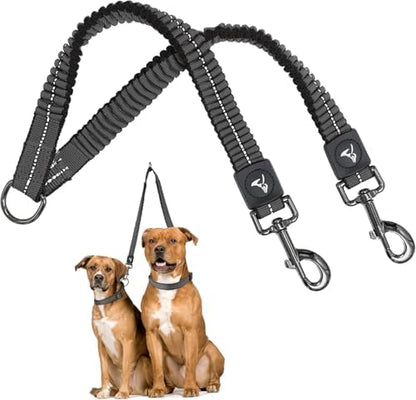 Double Dog Leash for Small Dogs (Width - 5/8”, Length 14"-27”) | Nylon Dual Dog Leash with Tangle-Free Swivel | Shock-Absorbing Reflective Bungee for Comfortable Walking & Training – Grey by KRUZPET