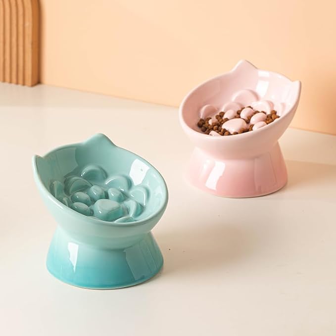Macarons Series Ceramic Slow Feeder Cat Bowl, Raised Puzzle Feeder, Anti Vomiting Cat Slow Feeding, Elevated Food Bowl, Whisker Friendly Pet Bowl with Cute Ear Design (Gradient Pink)