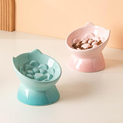 Macarons Series Ceramic Slow Feeder Cat Bowl, Raised Puzzle Feeder, Anti Vomiting Cat Slow Feeding, Elevated Food Bowl, Whisker Friendly Pet Bowl with Cute Ear Design (Gradient Pink)