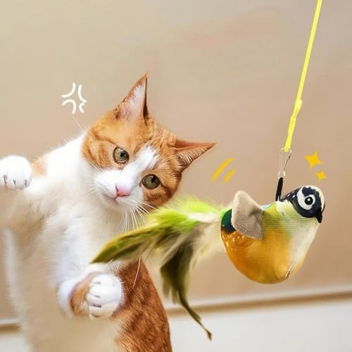 Cat Bird Toy Real Feather Catnip Squeaky Teaser Hanging Bird Toy(Brown) - Image 6