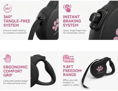 Chew Proof Retractable Dog Leash for Small Dogs up to 33lbs, 10ft Heavy Duty Dog Lead with Anti-Chewing Steel Wire Rope, Tangle-Free, One-Hand Brake & Lock, Black S - Image 3