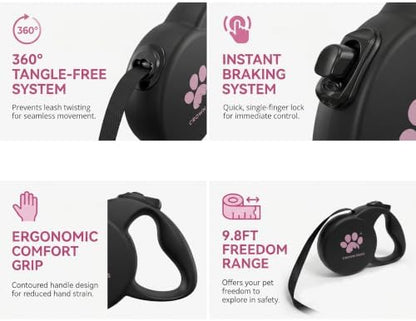 Chew Proof Retractable Dog Leash for Small Dogs up to 33lbs, 10ft Heavy Duty Dog Lead with Anti-Chewing Steel Wire Rope, Tangle-Free, One-Hand Brake & Lock, Black S - Image 3