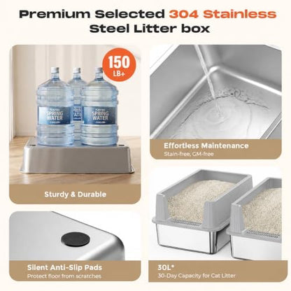 Suitfeel XL Stainless Steel Cat Litter Box with Lid and Scoop,Light Gray - Image 4