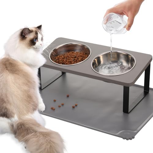 Summark Upgraded Elevated Cat Bowls with Food Mat,15°Tilted Stand Anti Vomiting Raised Cat Dishes for Food and Water,2 Stainless Steel Bowls for Cats and Puppy（Gray） by Summark