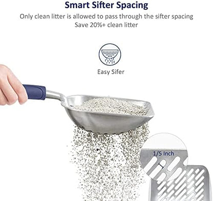 WePet Cat Litter Scoop, Aluminum Alloy Sifter, Kitty Metal Scooper, Deep Shovel with Diagonal Sifting Hole, Long Handle, Kitten Poop Lifter for Litter Box, Medium Size, Blue Handle - Image 3