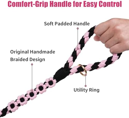 5FT Braided Cotton Rope Leash for Small, Medium and Large Dogs, Black & Pink Color - Image 3