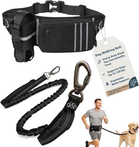 Hands Free Dog Leash with Waist Belt for Running & Walking Bungee Shock Absorber, Auto-Lock Carabiner, Reflective | Fits All Dog Sizes by Unknown