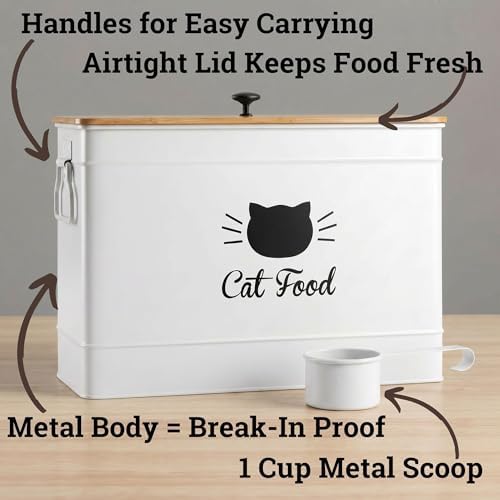 Metal Cat Food Container with Scoop, 15lb (50 Cup) w/ Airtight Bamboo Lid - Image 2