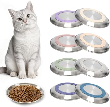 8 Pack Stainless Steel Cat Food Bowls, Cat Dishes Shallow Whisker-Friendly Metal Dishes with Non-Slip Silicone Bottom, Easy to Clean Indoor Feeding Bowls for Cats, Kittens & Small Dogs (6.7") by FlaggeZG