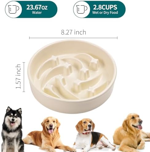 8.26 in Milk White Dog Bowl Slow Feeder Ceramic for Medium and Large Breed,Pet Feeding Dog Food Water Dish Heavy Weighted,Puppy Bowl for Fast Eaters,Puzzle Slow Eating Dish Modern Maze Meteor - Image 2