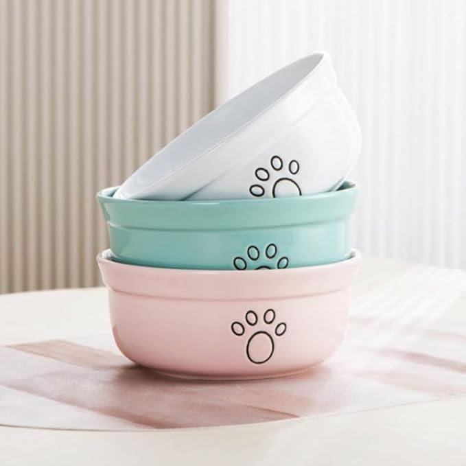 Ceramic Dog Bowls, Pet Feeding Bowls for Cats and Small Dogs 20 oz (6", Blue/Pink/White)