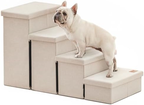 Love's cabin Dog Stairs for High Bed, Foldable Pet Stairs for Small Medium or Large Dogs Puppy with Storage for Bed or Couch, Cat Dog Steps Ramp with Zip up to 200 lbs, Beige, 4 Steps by Lovescabin