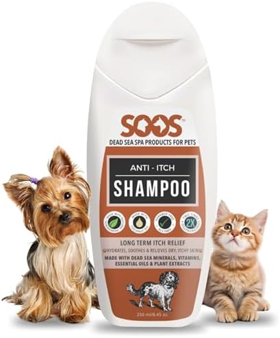 Soos Pet Shampoo Anti-Itch Cat and Dog Shampoo Dead Sea Minerals Fast Absorbing Soothes Itching Clean Fur with Vitamins Essential Oils Natural Ingredients - 1x Bottle (250ml) by SoosPetShampooConditioner