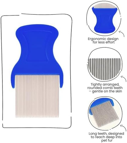 MEDUWEDU 5 Pack Flea & Lice Comb Set for Cats, Dogs & Kids – Stainless Steel Fine Tooth Nit Comb Kit with Double-Sided Tear Stain Remover, Grooming Brush & Peine para Piojos for Thick Hair (Blue) - Image 3