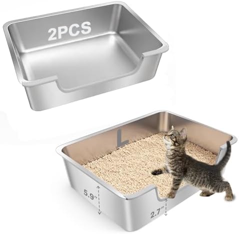 2-Pack Low Entry Litter Box for Senior Disabled & Injured Cats, Stainless Steel High Sided Enclosed Easy Step in Entry-Metal Kitty Litter Box for Kittens, Odor Control (19.7"x13.8"x5.9") by Ixaro