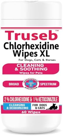Truseb Chlorhexidine & Ketoconazole Medicated XL Topical Wipes with Aloe for Dogs, Cats, and Horses- 60ct 5"×6" wipes clean, deodorize, and soothe hot spots, paws, and irritated skin folds by Pet+Health+Pharma
