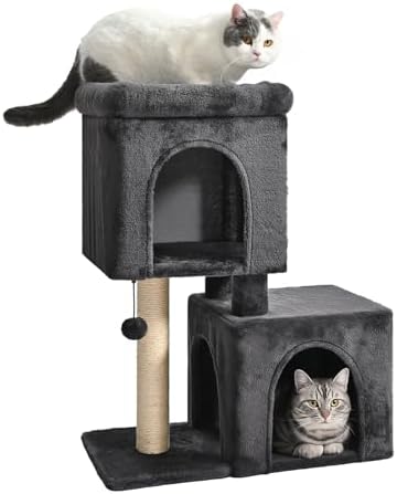 Amazon Basics 30-Inch Cat Tree Tower, Activity Center with 2 Plush Condos, Sisal Scratching Post and Hanging Pompom, Gray by AmazonBasics