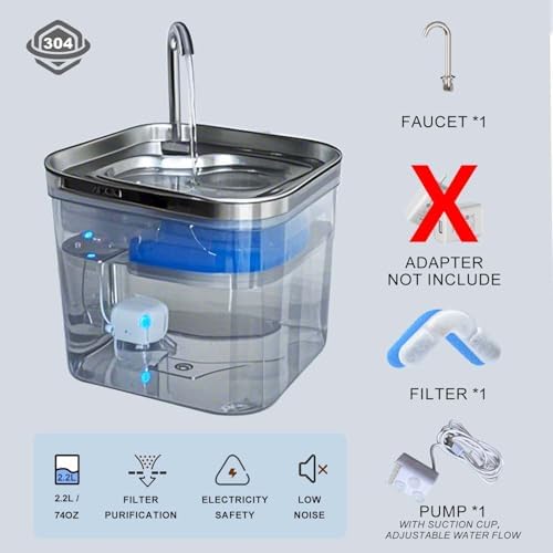 Cat Fountains for Drinking, Stainless Steel Bowl Cat Water Fountain,Water Dispenser for Cats, 74OZ/2.2L Water Fountains for Cats Indoor - Image 2