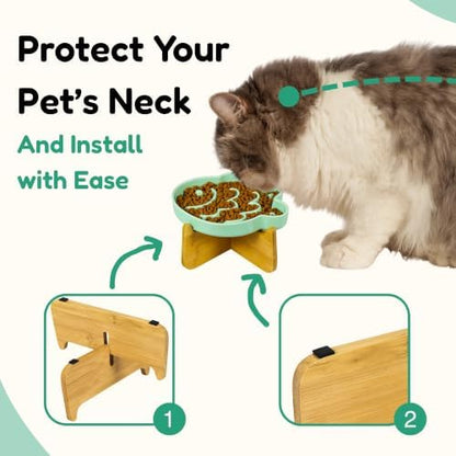 Elevated Slow Feeder Cat Bowl with Stand, 6.3''Ceramic Fish Maze Cat Food Bowl, Raised Whisker Friendly Wide Shallow Cat Dish for Wet & Dry Food, Non Slip Puzzle Feeder for Cats & Small Dogs (Green) - Image 5