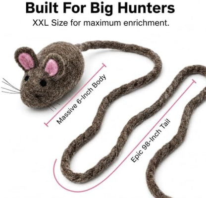 Glaciart One XXL Felt Mouse Cat Toy – 6” Body + 98” Tail – Large Cat Enrichment Toy – 100% Natural Wool with Catnip – Interactive Teaser for Big Cats – Safe Non-AZO Dyes - Image 2
