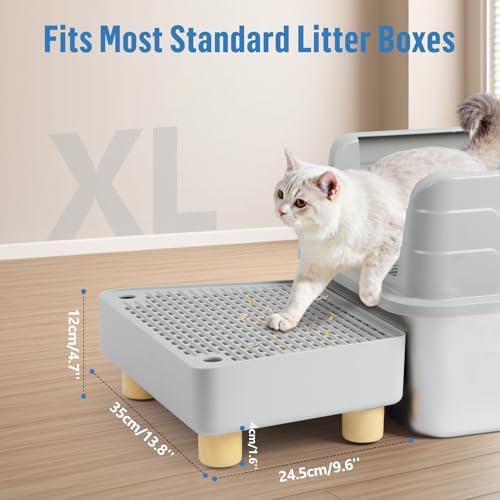Extra Large Cat Litter Box Step Ramp, Cat's Litter Catcher Mat with Wooden Feet, Filter Function, Pedal Stool for Self-Cleaning Cat Litter Box, Ideal for Kitten & Elderly Cats (Light Grey) - Image 2
