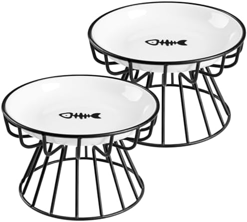 Cat Bowls, Elevated Cat Bowl, Raised Ceramic Dish with Metal Stand, Pet Water or Food Feeding Station for Indoor Cats, Kitten, Puppies and Small Dogs, Dishwasher Safe (Raised Cat Bowl(2 pack)) by Wellbro