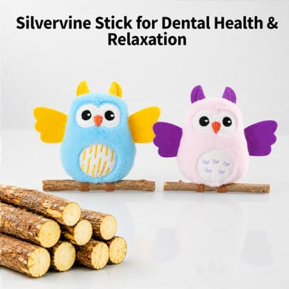 DODODOLA 2 PCS Interactive Cat Toys for Indoor Cats Owl Kitten Toys with 100% Pure Organic Catnip and Movable Silvervine Sticks Kittens Kitty Anxiety Relief Soft Cute Teething Chew Toys (Blue+Pink) - Image 3