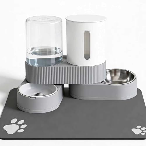 Gravity Cat Feeder 2 Pack Automatic Food Feeder and Water Dispenser Set Detachable Pet Bowl with Silicone Mat for Cats Small Medium Dogs, Large Capacity(Grey) by ZBIAOJNU