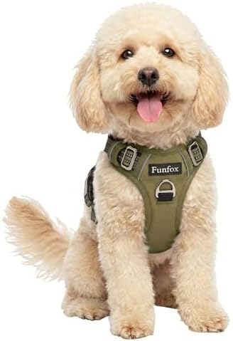 Funfox Dog Harness No Pull, Adjustable Pet Vest Harness, Super Soft Material with Vertical Handle Easy Control, Reflective Night Walking, 2 Leash Clips for Small Sized Dogs, Army Green, S by MyFUNFOX
