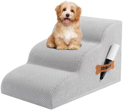 Romrol Dog Stairs Ramp for Beds Couches, Extra Wide Pet Steps with Durable Non-Slip Waterproof Fabric Cover, Dog Slope Stairs for Small Dogs and Cats or Pets Friendly, 3-Tiers, 13 Inch,Light Grey by Romrol