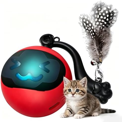 Interactive Cat Toy Ball, Automatic Self-Rolling Cat Toy with Feather Tail, Rechargeable Smart Cat Ball for Indoor Cats（Red） by Unknown
