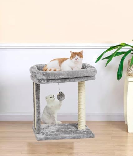 SYANDLVY Cat Tree with Scratching Post for Indoor Cats, Scratching Board with Perch, Cat Post Scratcher with 2 Dangling Balls, Great for Kittens, Grey - Image 2