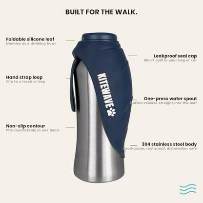 Kitewave Portable Dog Water Bottle, 27 oz Stainless Steel Pet Water Bottle with Flip-Up Leaf Bowl, Leakproof One-Press Dispenser for Walking, Hiking & Travel, BPA-Free, All Dog Breeds (Pink) - Image 5