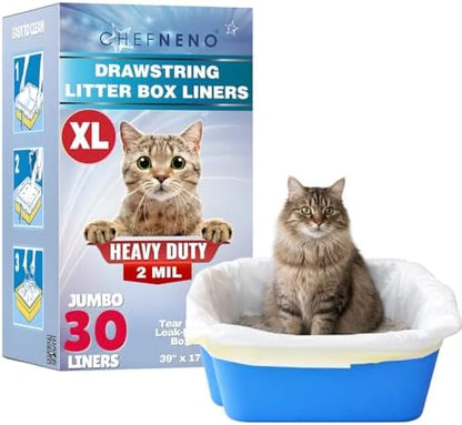 Cat Litter Box Liners Drawstring XL (30 Bags) 39" x 17" Super Jumbo Scratch Resistant Extra Heavy 2 Mil Disposable Litter Box Liner Cat Litter Tray Bags (30 Count) by CHEFNENO