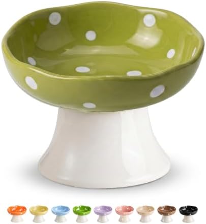 Mushroom Cat Bowl, Elevated Ceramic Cat Bowl, Avocado Green by Trundisan