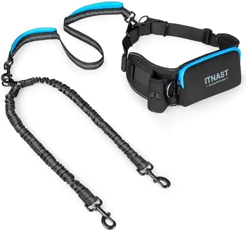 Hands Free Double Dog Leash Tangle Free, Lumbar Support Dual Leash for Medium Large 2 Dogs With Bungee, Waist Bag, Padded Handles,Reflective Stitching for Dog Walking, Jogging, Hiking, Training by ITNAST
