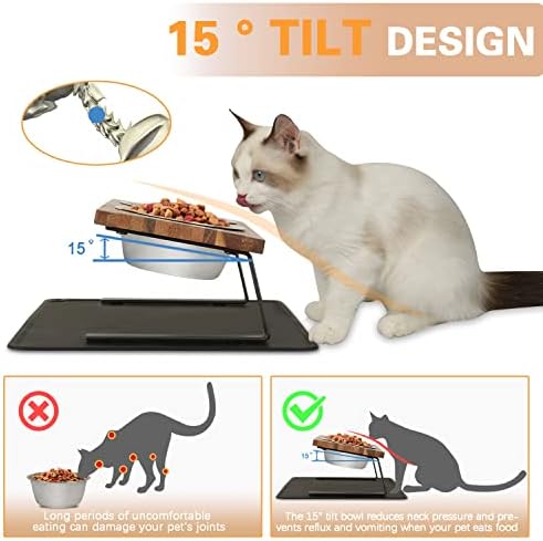 Aivituvin Elevated Dog Bowls, 15°Tilted Raised Cat Food Bowl, Walnut Wood Water Stand Feeder Set for Cats and Puppy, Pet Bowls with Anti Slip Mat(Small) - Image 3