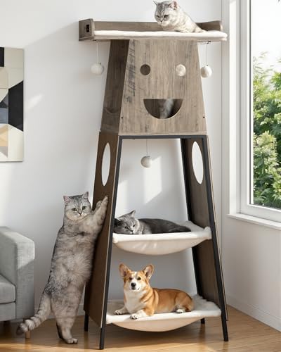 56in Modern Wood Cat Tree Tower for Indoor Cats with Hammock by FeliskynCatTreeTower