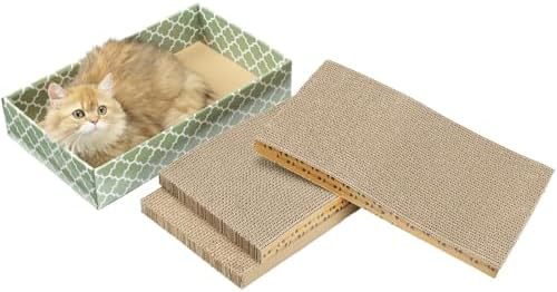 MECOOL Cat Scratching Board，3PC Scratch Pad with Box，Reversible Corrugated Scratcher Cardboard and Lounge Bed for Indoor Cats, Catnip by MECOOL