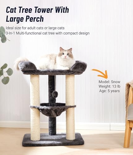 Happi N Pets 28" Cat Tree, Large Bed for Big Cats, Small Cat Tower with Soft Perch for Window Viewing, Stable Cat Tree Tower, Cat Scratching Post with Hammock, Removable Cover-Gray - Image 2