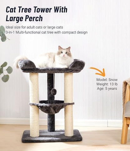 Happi N Pets 28" Cat Tree, Large Bed for Big Cats, Small Cat Tower with Soft Perch for Window Viewing, Stable Cat Tree Tower, Cat Scratching Post with Hammock, Removable Cover-Gray - Image 2